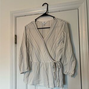 Time & True White Striped Embroidery Wrap Tie Blouse 100% cotton, Size S
